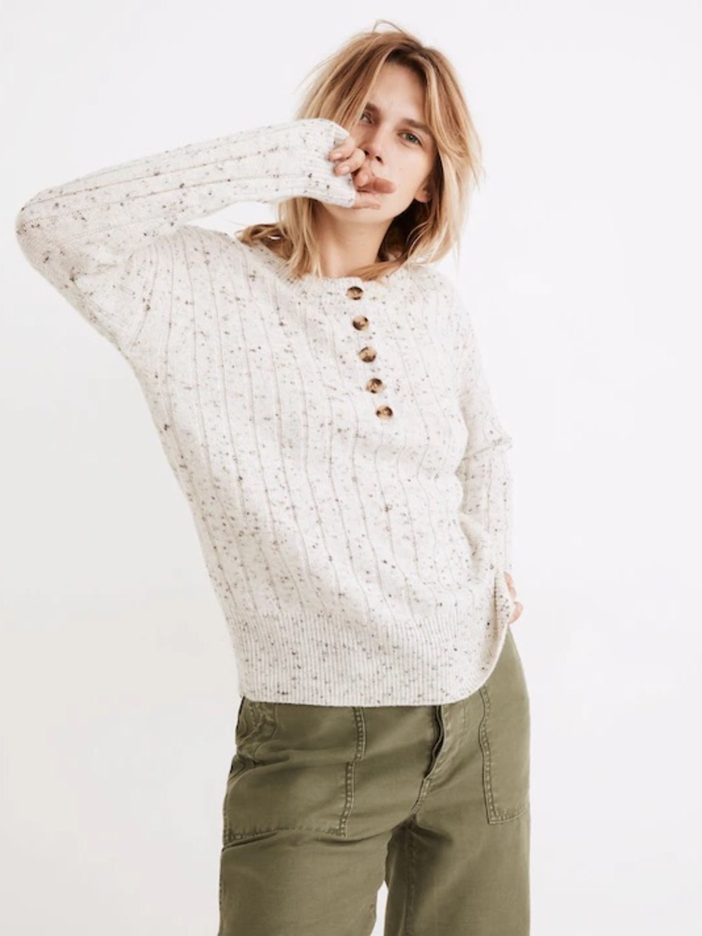 Madewell Henley Sweater Cream Ribbed XS Extra Small